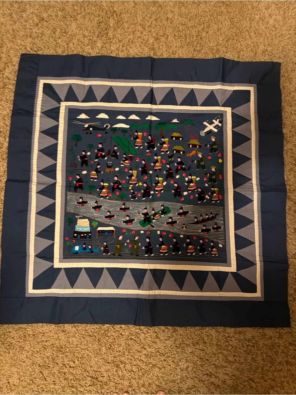 Vintage Hmong Story Cloth Embroidered Wall Hanging Paj Ntaub Folk Art Textile